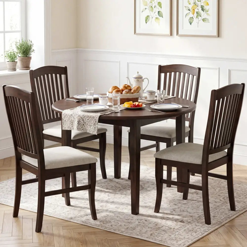 Set of 4 Kitchen Side Chairs with Rubber Wood Frame and Comfy Padded Seat-Brown & White - Brown & White - Dining Chairs