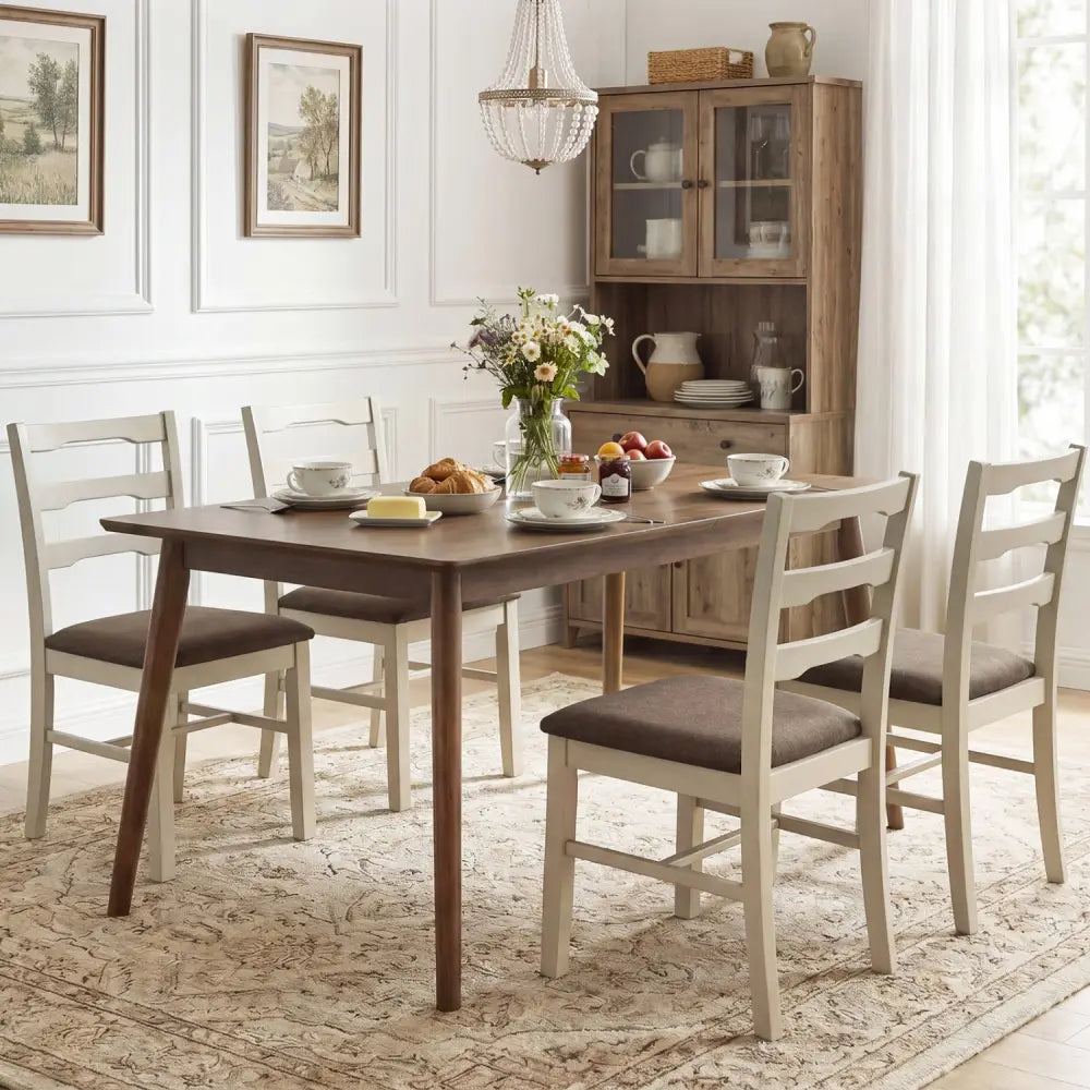 Set of 4 Linen Style Upholstered Dining Chairs with Wood Frames-White - White - Dining Chairs
