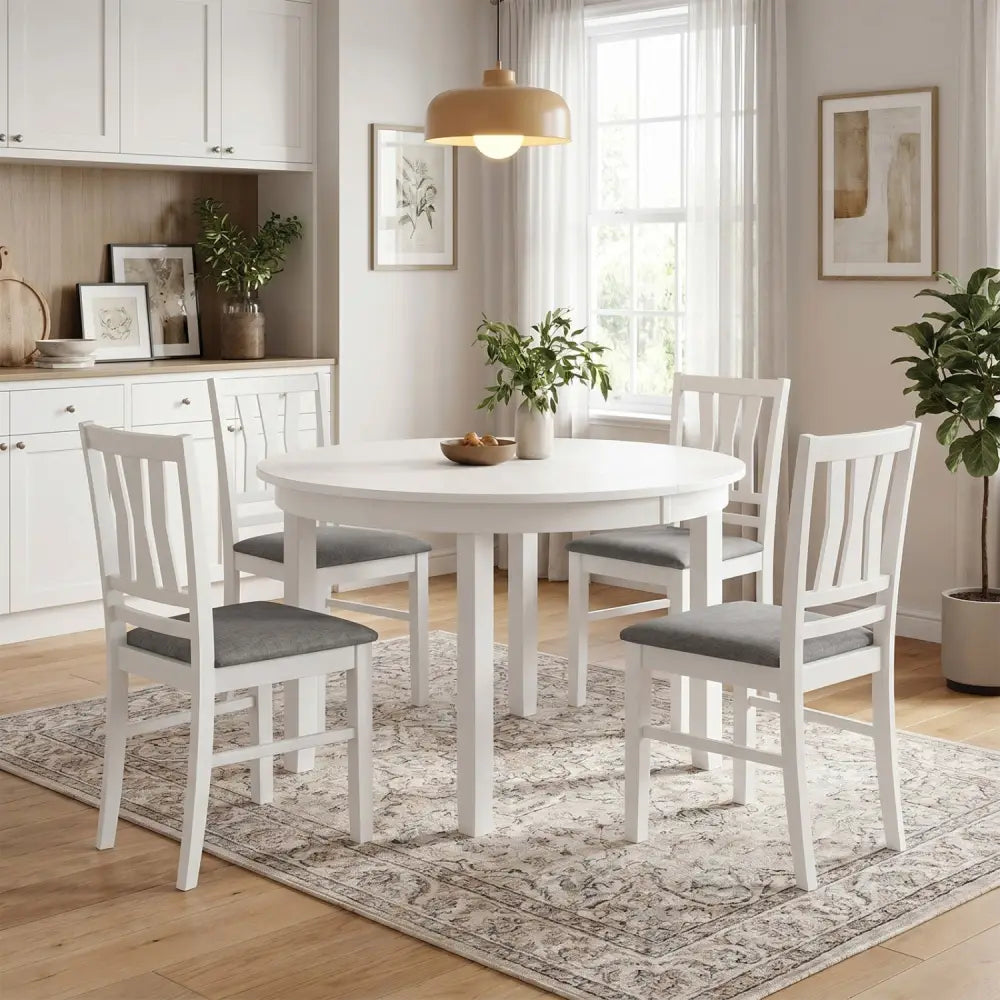 Set of 4 Linen Style Upholstered Kitchen Chairs with Wood Frames-White - White - Dining Chairs