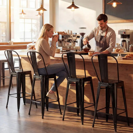 Set of 4 Metal Bar Stools with Backrests and Footrests-Black - Black - Bar Stools