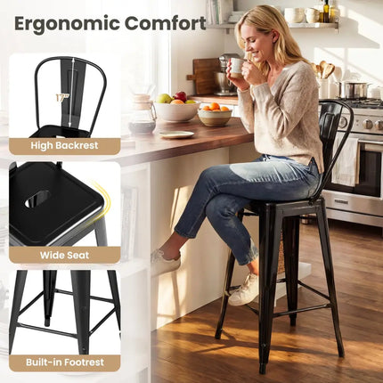 Set of 4 Metal Bar Stools with Backrests and Footrests-Black - Black - Bar Stools