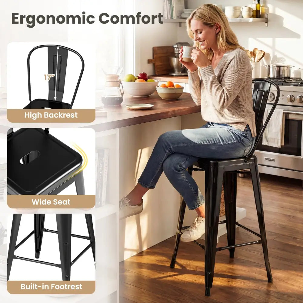 Set of 4 Metal Bar Stools with Backrests and Footrests-Black - Black - Bar Stools