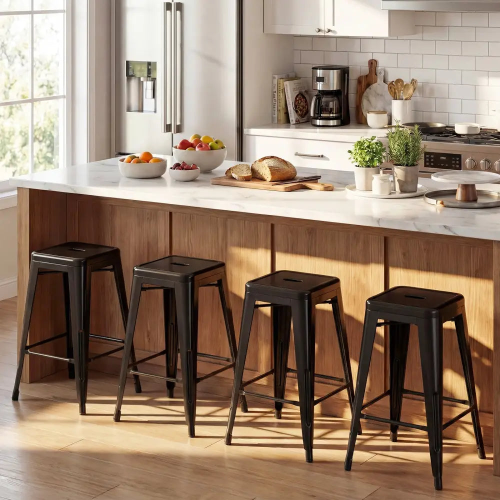 Set of 4 Metal Bar Stools with Backrests and Footrests-Black - Black - Bar Stools