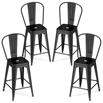 Set of 4 Metal Bar Stools with Backrests and Footrests-Black - Black - Bar Stools