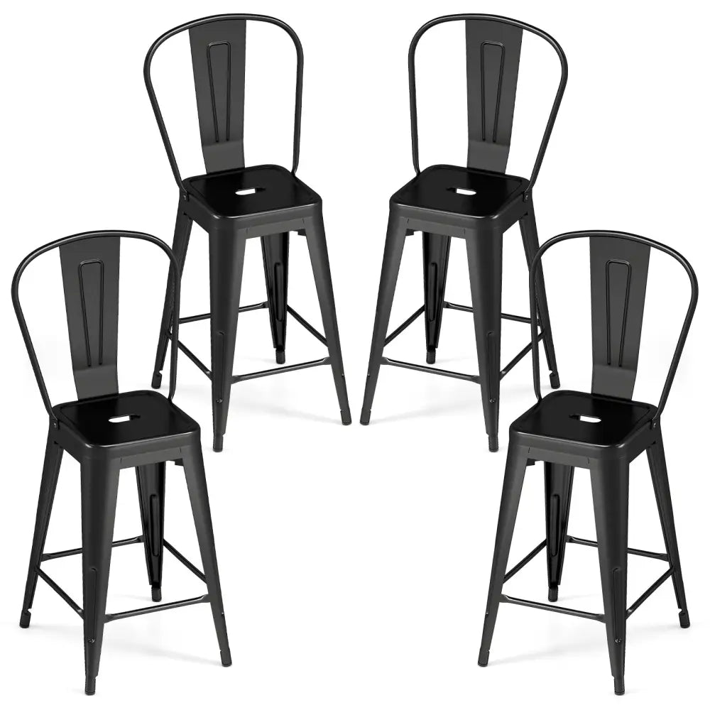 Set of 4 Metal Bar Stools with Backrests and Footrests-Black - Black - Bar Stools