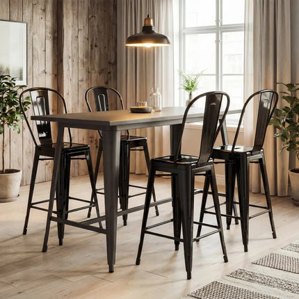 Set of 4 Metal Bar Stools with Backrests and Footrests-Black - Black - Bar Stools