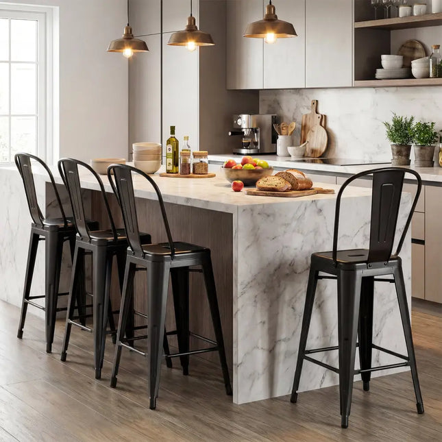 Set of 4 Metal Bar Stools with Backrests and Footrests-Black - Black - Bar Stools