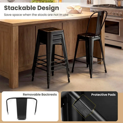 Set of 4 Metal Bar Stools with Backrests and Footrests-Black - Black - Bar Stools