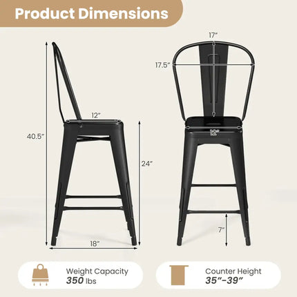 Set of 4 Metal Bar Stools with Backrests and Footrests-Black - Black - Bar Stools