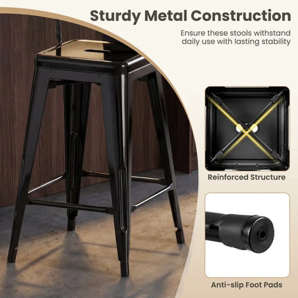 Set of 4 Metal Bar Stools with Backrests and Footrests-Black - Black - Bar Stools
