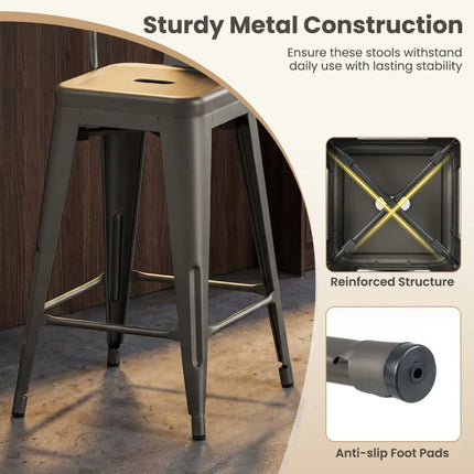 Set of 4 Metal Bar Stools with Backrests and Footrests-Gun Metal - Gun - Bar Stools