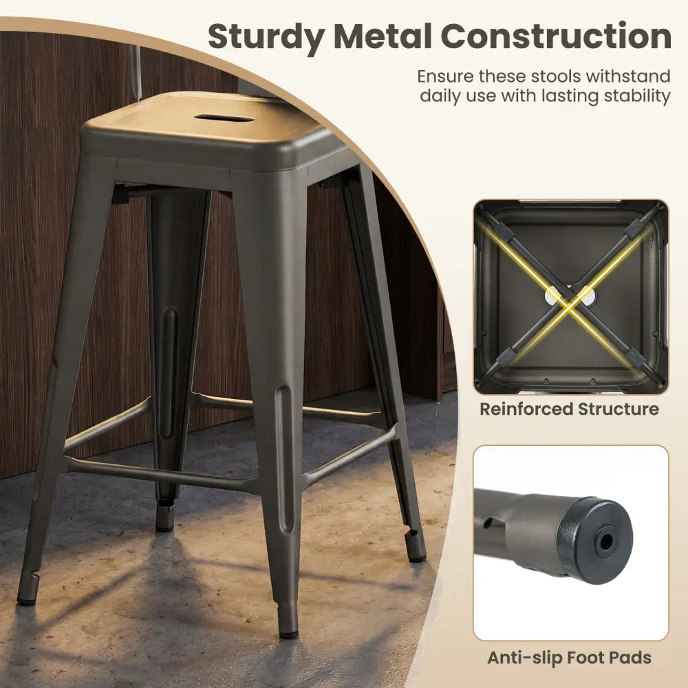 Set of 4 Metal Bar Stools with Backrests and Footrests-Gun Metal - Gun - Bar Stools