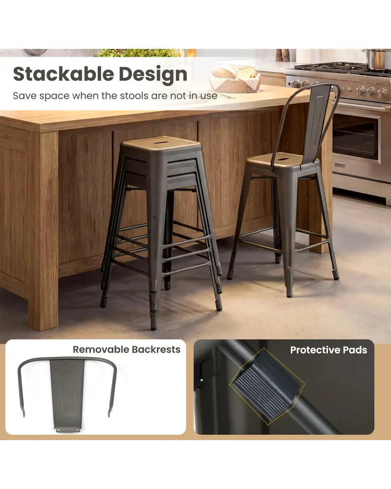 Set of 4 Metal Bar Stools with Backrests and Footrests-Gun Metal - Gun - Bar Stools