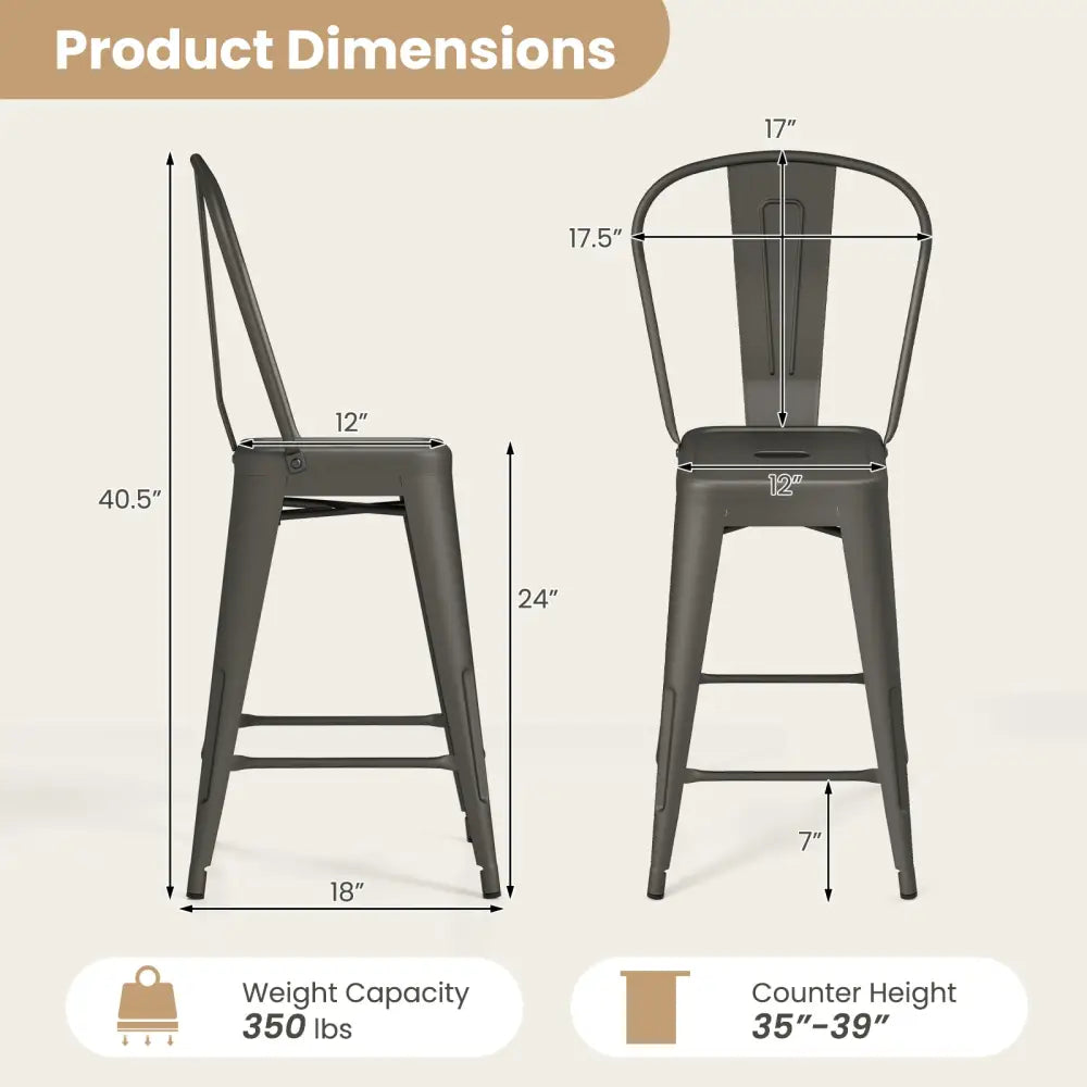 Set of 4 Metal Bar Stools with Backrests and Footrests-Gun Metal - Gun - Bar Stools