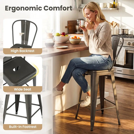 Set of 4 Metal Bar Stools with Backrests and Footrests-Gun Metal - Gun - Bar Stools