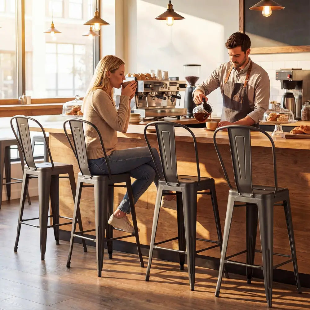 Set of 4 Metal Bar Stools with Backrests and Footrests-Gun Metal - Gun - Bar Stools