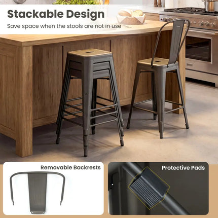 Set of 4 Metal Bar Stools with Backrests and Footrests-Gun Metal - Gun - Bar Stools