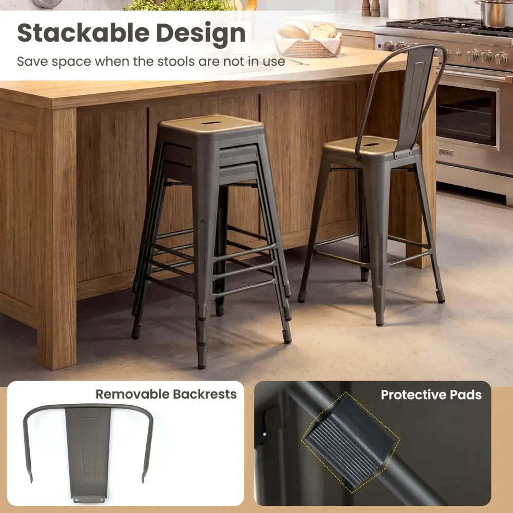 Set of 4 Metal Bar Stools with Backrests and Footrests-Gun Metal - Gun - Bar Stools