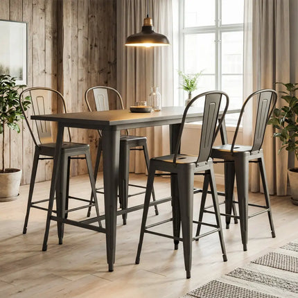 Set of 4 Metal Bar Stools with Backrests and Footrests-Gun Metal - Gun - Bar Stools