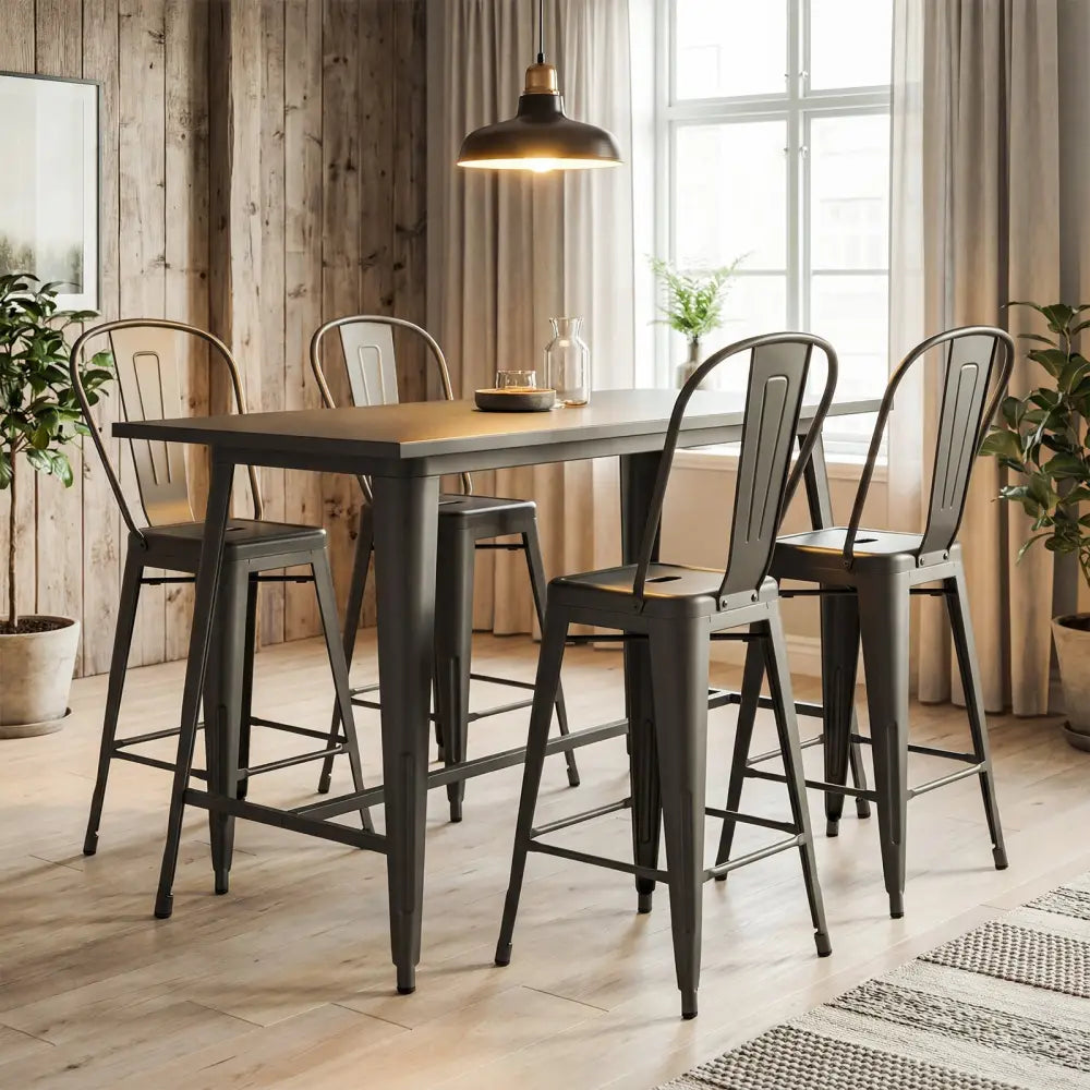 Set of 4 Metal Bar Stools with Backrests and Footrests-Gun Metal - Gun - Bar Stools