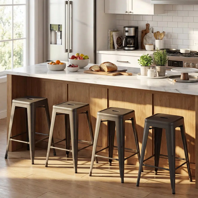 Set of 4 Metal Bar Stools with Backrests and Footrests-Gun Metal - Gun - Bar Stools
