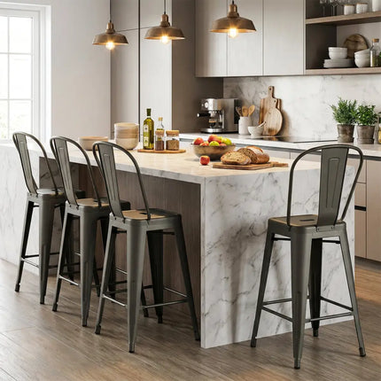 Set of 4 Metal Bar Stools with Backrests and Footrests-Gun Metal - Gun - Bar Stools