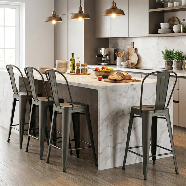 Set of 4 Metal Bar Stools with Backrests and Footrests-Gun Metal - Gun - Bar Stools