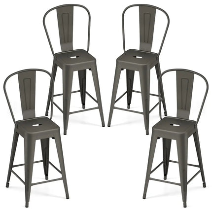 Set of 4 Metal Bar Stools with Backrests and Footrests-Gun Metal - Gun - Bar Stools