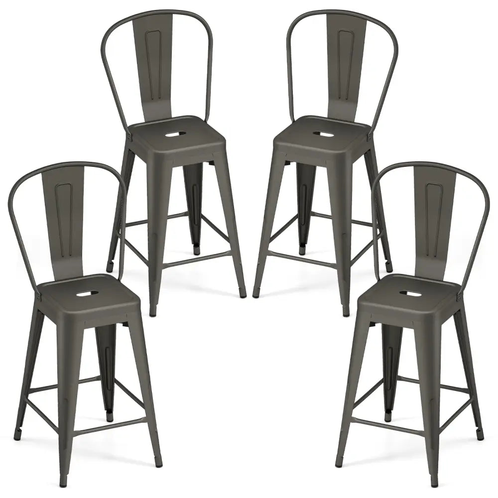 Set of 4 Metal Bar Stools with Backrests and Footrests-Gun Metal - Gun - Bar Stools
