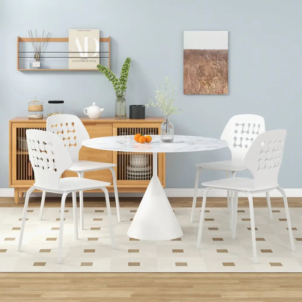 Set of 4 Metal Dining Chair with Hollowed Backrest and Metal Legs-White - White - Dining Chairs