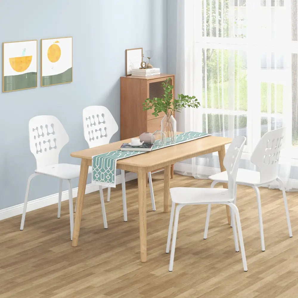 Set of 4 Metal Dining Chair with Hollowed Backrest and Metal Legs-White - White - Dining Chairs
