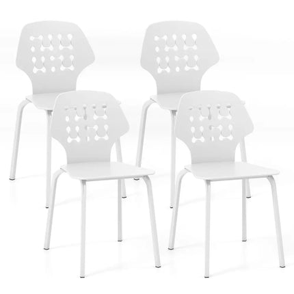 Set of 4 Metal Dining Chair with Hollowed Backrest and Metal Legs-White - White - Dining Chairs