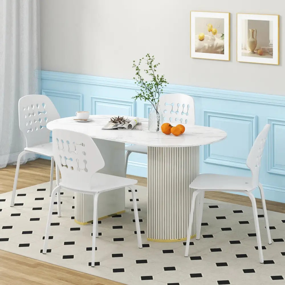 Set of 4 Metal Dining Chair with Hollowed Backrest and Metal Legs-White - White - Dining Chairs