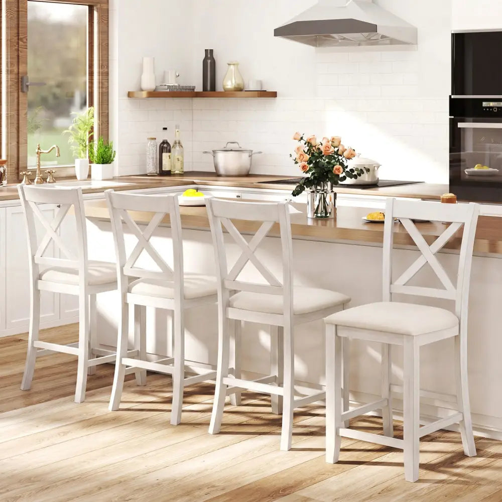 Set of 4 Modern Farmhouse Counter Height Stools with Footrest-White - White - Bar Stools