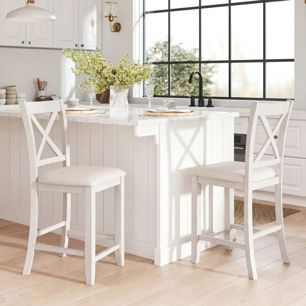 Set of 4 Modern Farmhouse Counter Height Stools with Footrest-White - White - Bar Stools