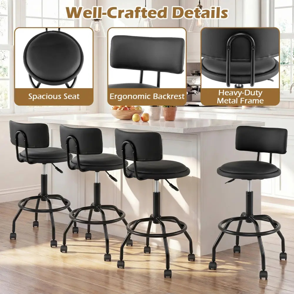 Set of 4 Modern Swivel Height Adjustable Bar Stool with Backrest-Black - Black - Bar Stools