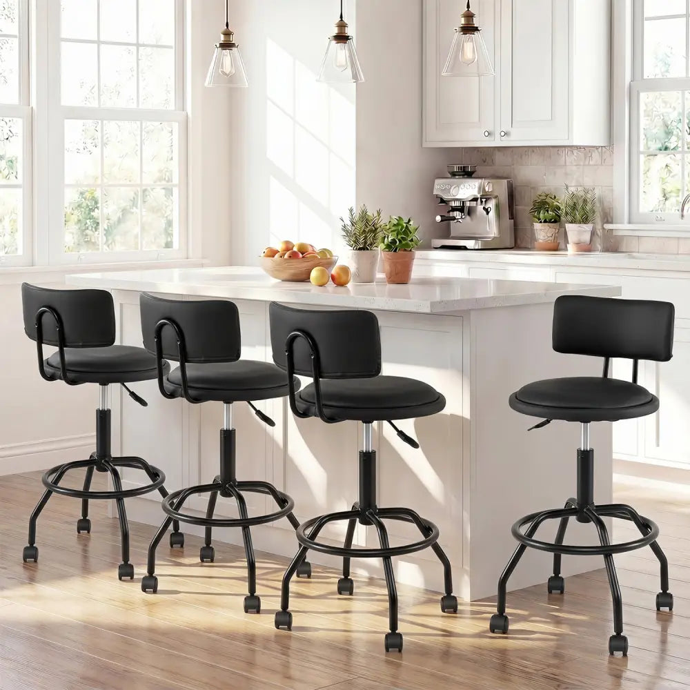 Set of 4 Modern Swivel Height Adjustable Bar Stool with Backrest-Black - Black - Bar Stools