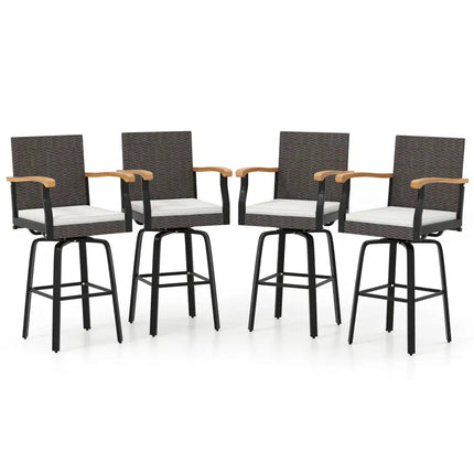 Set of 4 Outdoor 360° Swivel Bar Stool with Cushion and Acacia Wood Armrests - Brown - Patio Bar Furniture