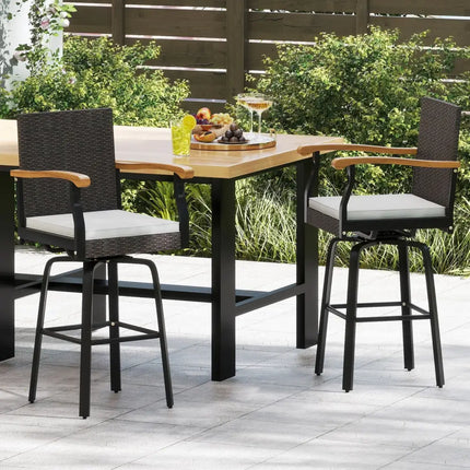 Set of 4 Outdoor 360° Swivel Bar Stool with Cushion and Acacia Wood Armrests - Brown - Patio Bar Furniture