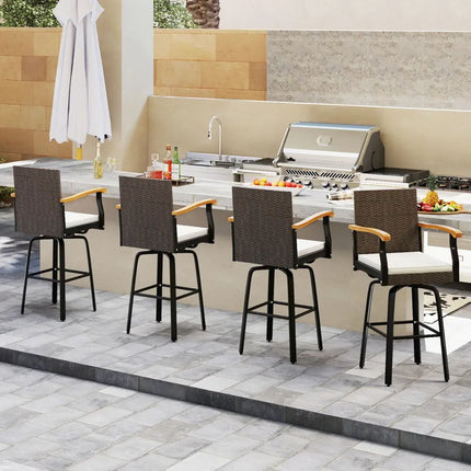 Set of 4 Outdoor 360° Swivel Bar Stool with Cushion and Acacia Wood Armrests - Brown - Patio Bar Furniture