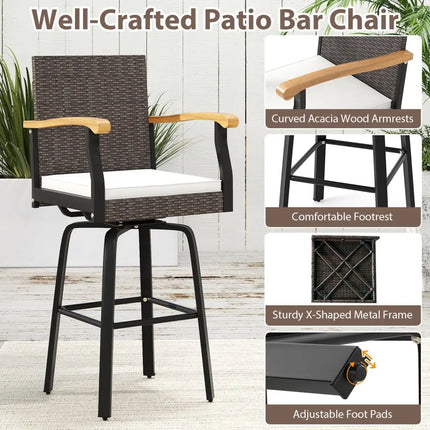 Set of 4 Outdoor 360° Swivel Bar Stool with Cushion and Acacia Wood Armrests - Brown - Patio Bar Furniture