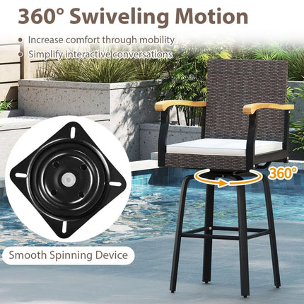 Set of 4 Outdoor 360° Swivel Bar Stool with Cushion and Acacia Wood Armrests - Brown - Patio Bar Furniture
