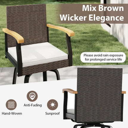 Set of 4 Outdoor 360° Swivel Bar Stool with Cushion and Acacia Wood Armrests - Brown - Patio Bar Furniture