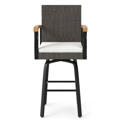 Set of 4 Outdoor 360° Swivel Bar Stool with Cushion and Acacia Wood Armrests - Brown - Patio Bar Furniture