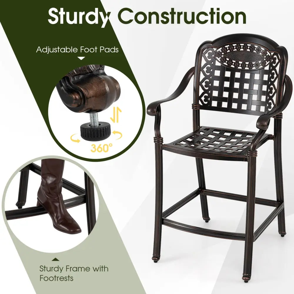 Set of 4 Outdoor Bar Stool 25.5 Inch Counter Height Cast Aluminum Bar Chairs-Copper - Copper - Patio Bar Furniture