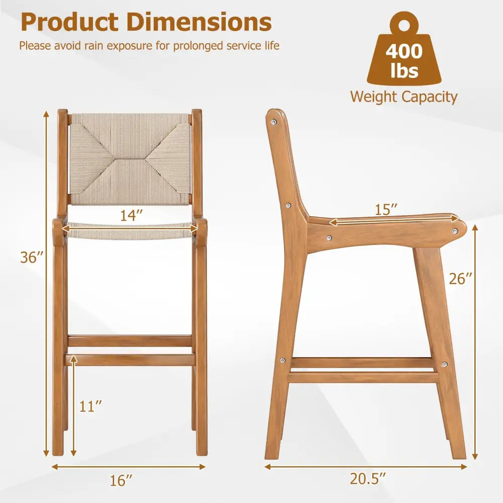 Set of 4 Outdoor Counter Height Bar Stool Woven Paper Rope Patio Barstool with Teak Wood Frame - Patio Bar Furniture