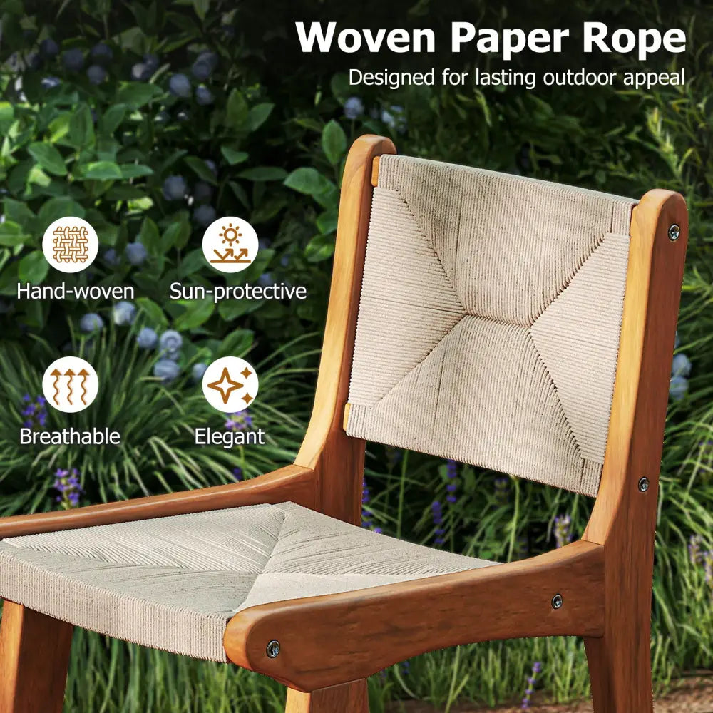 Set of 4 Outdoor Counter Height Bar Stool Woven Paper Rope Patio Barstool with Teak Wood Frame - Patio Bar Furniture