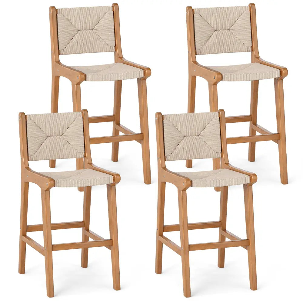 Set of 4 Outdoor Counter Height Bar Stool Woven Paper Rope Patio Barstool with Teak Wood Frame - Patio Bar Furniture
