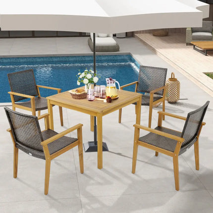 Set of 4 Outdoor Rattan Chair with Sturdy Acacia Wood Frame-Set of 4 - Gray - Patio Dining Chairs