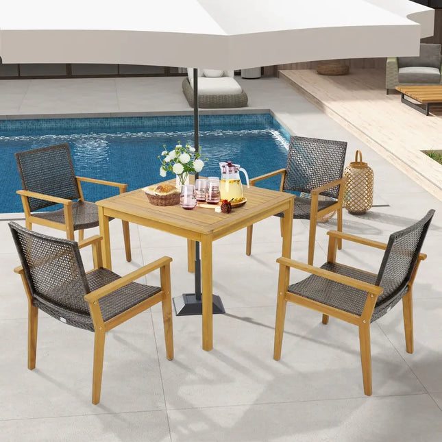 Set of 4 Outdoor Rattan Chair with Sturdy Acacia Wood Frame-Set of 4 - Gray - Patio Dining Chairs